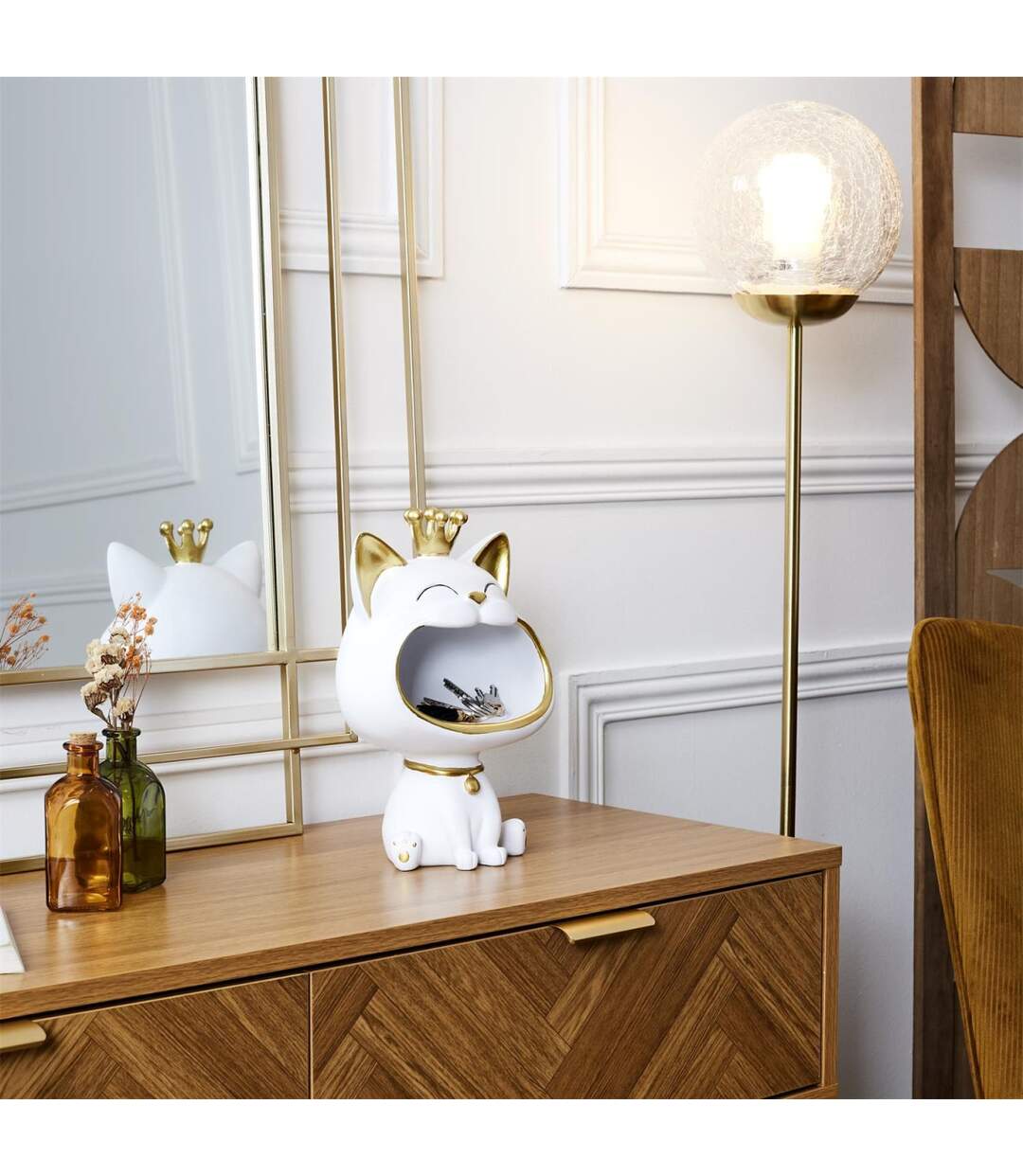 Vide-Poche Statue Chat 25cm Blanc-5