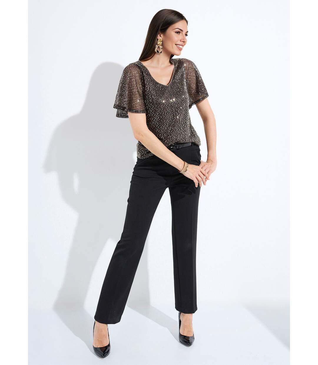 T-shirt pailleté col V manches courtes-3