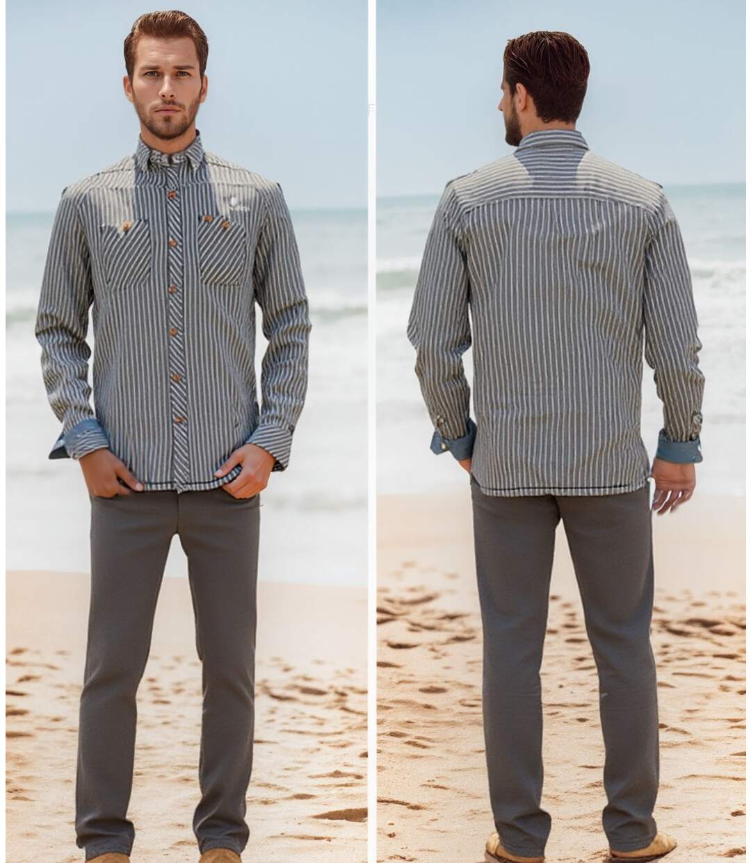 Chemise Masculine Grise à  Rayures avec 2 Poches poitrine-2