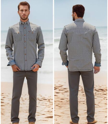Chemise Masculine Grise à  Rayures avec 2 Poches poitrine