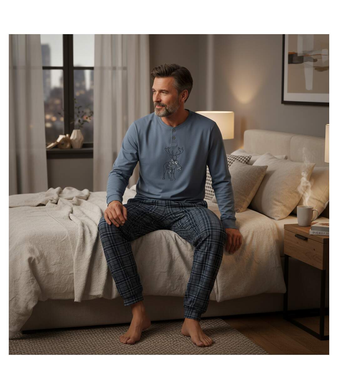 OZABI Ensemble Pyjama Homme Coton Majoritaire Broderie Cerf Écossais-4