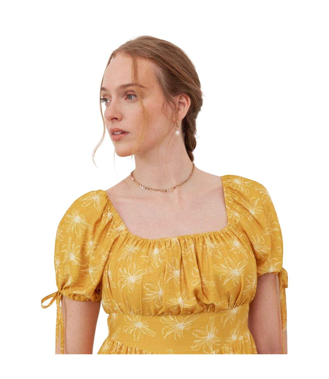 Robe Courte Manches À Nouer Motif/style Floral Femme Jaune Lovedrobe-3