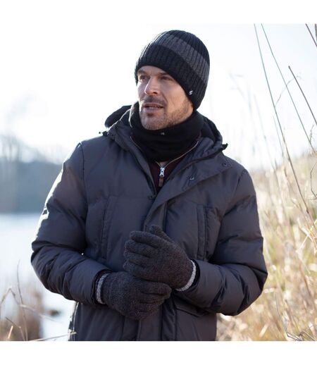 Mens Fleece Lined Striped Insulated Thermal Beanie Hat for Winter