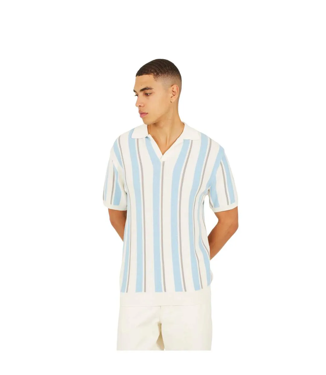 Mens Striped Knitted Polo Shirt Cream Light Green Mid Green Brave Soul-2