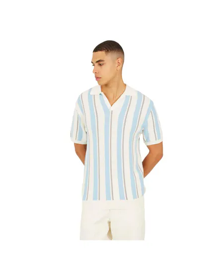 Mens Striped Knitted Polo Shirt Cream Light Green Mid Green Brave Soul