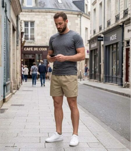 Short homme CHALLENGER 710095U001 beige : le bermuda 3 poches en pur coton pour l'été