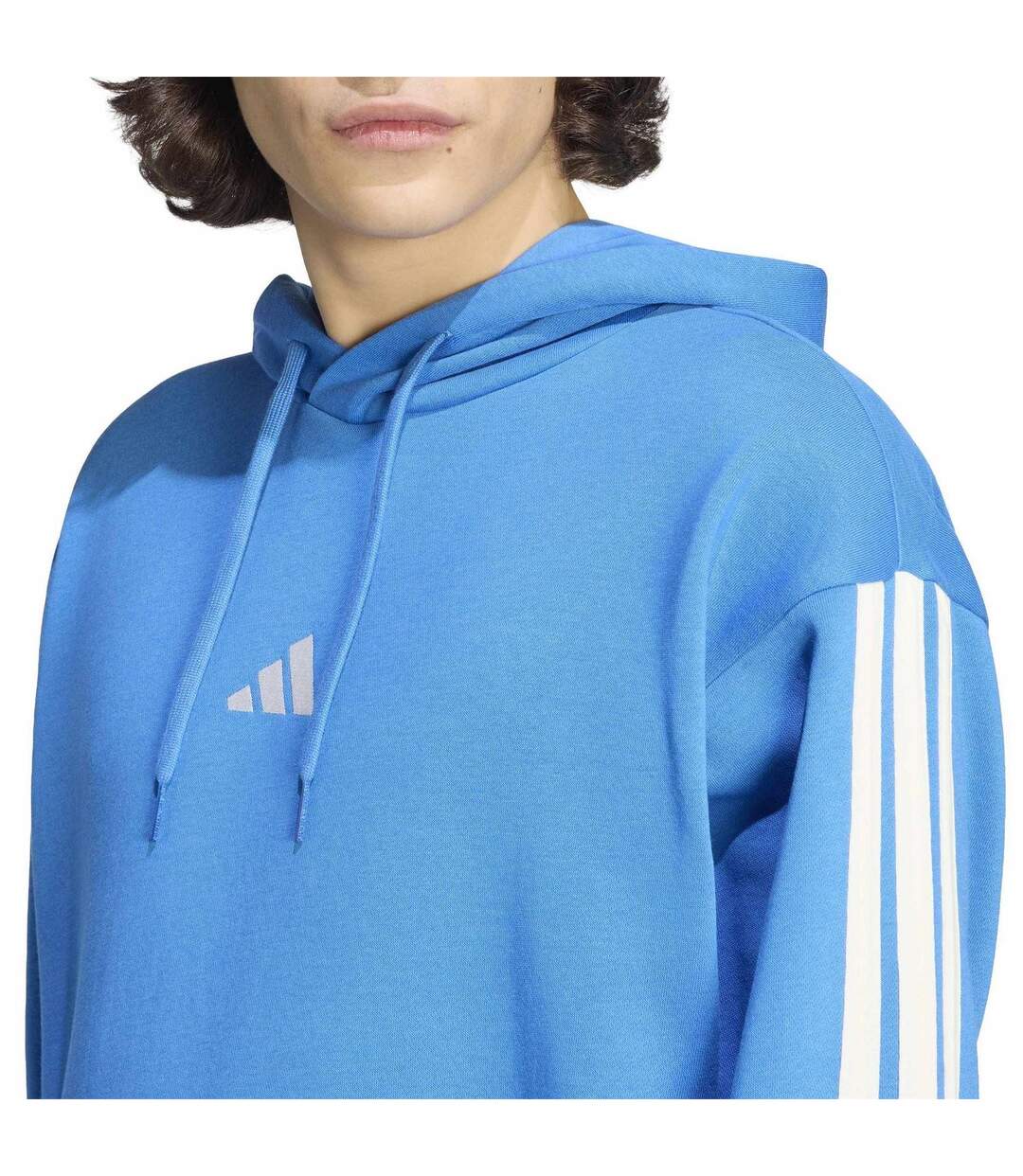 Mens 3 Stripes Fleece Hoodie Blue White Adidas-4