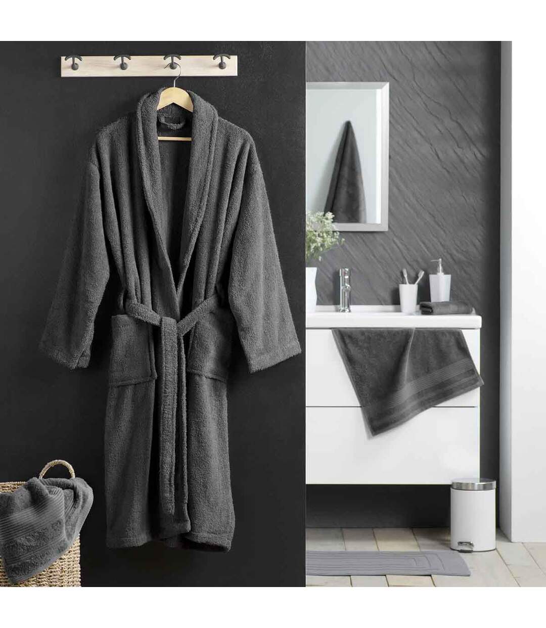 Peignoir Col Châle en Coton Tendresse Anthracite-4
