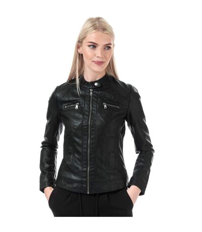 Womens/ladies Bandit Faux Leather Biker Jacket Black Only