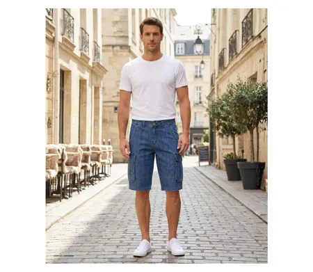 WINCHESTER INDIGO1 : Bermuda en jean homme bleu stone en coton style cargo décontracté