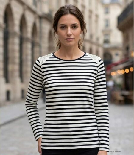 MAYFLOWER - TF190E - Tee-shirt femme manches longues rayé avec clous fantaisie