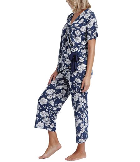 Pyjama tenue d'intérieur pantalon palazzo top cache-coeur Navy Flowers Admas