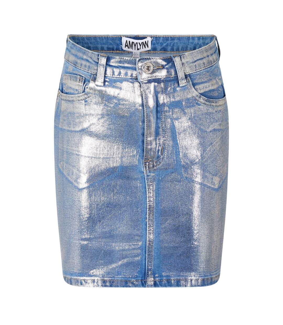 Womens/ladies Metallic Denim Mini Skirt Blue AmyLynn-1