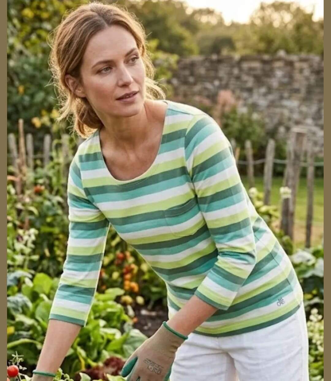 MAYFLOWER DIXIE2 - Tee-shirt manches 3/4 en coton rib : rayures blanc, aqua, kaki et vert-1