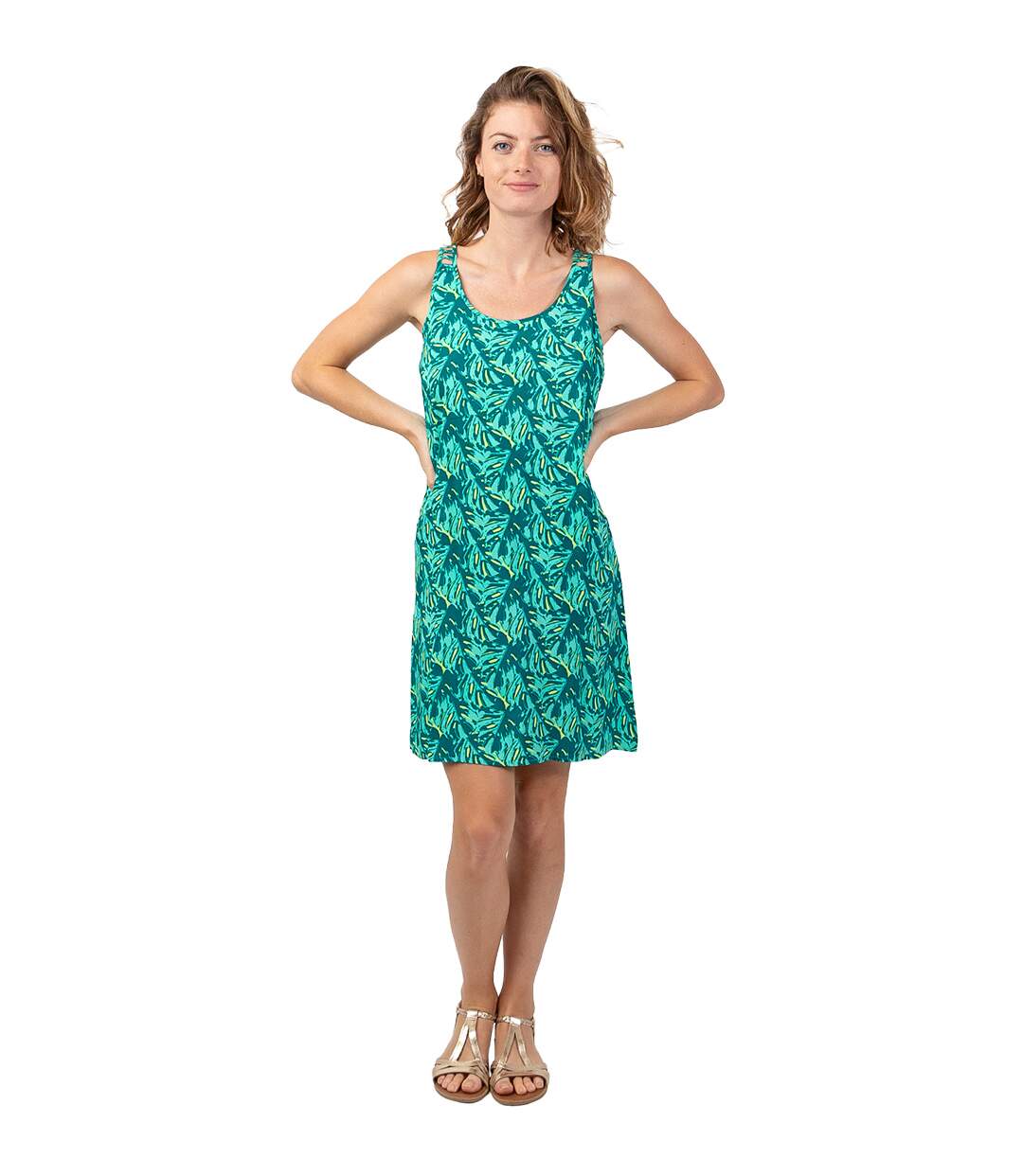 Robe courte casual chic SYLVIA imprimé tropical vert Coton Du Monde-1