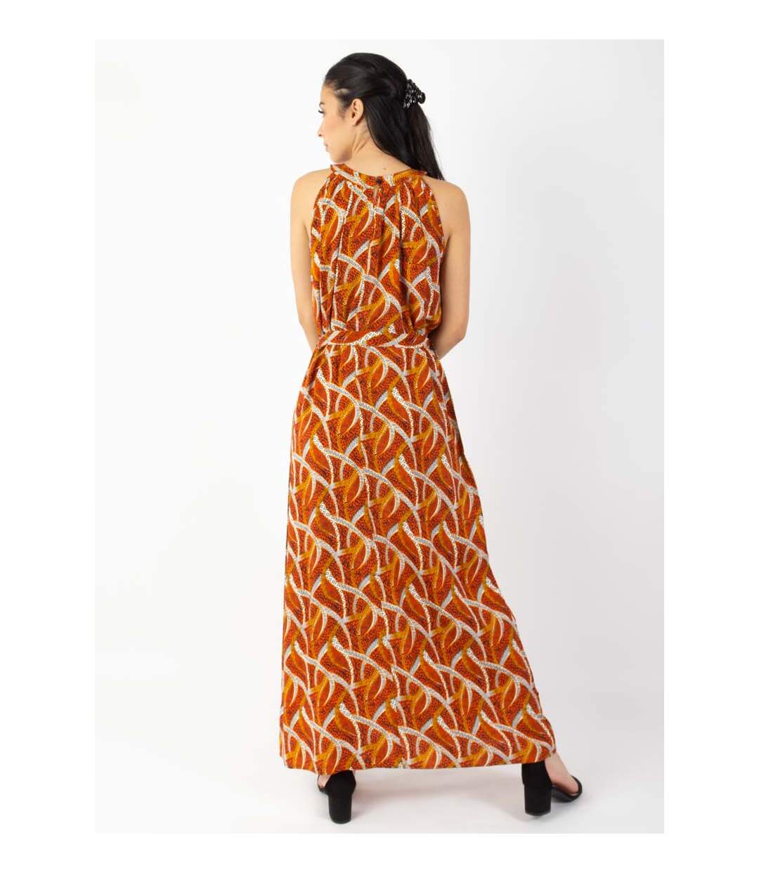 Robe longue col licou FRIDA imprimé ethnique orange Coton Du Monde