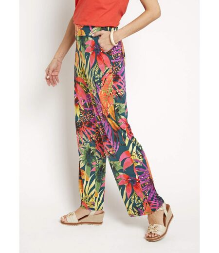 Pantalon fluide stretch, fleuri tropical
