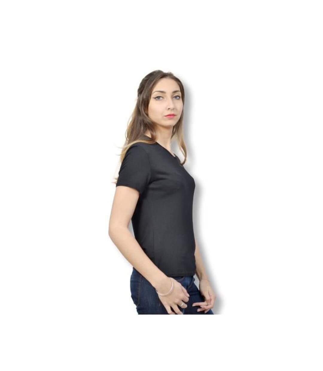 Tee shirt femme manches courtes de couleur noir col rond-3