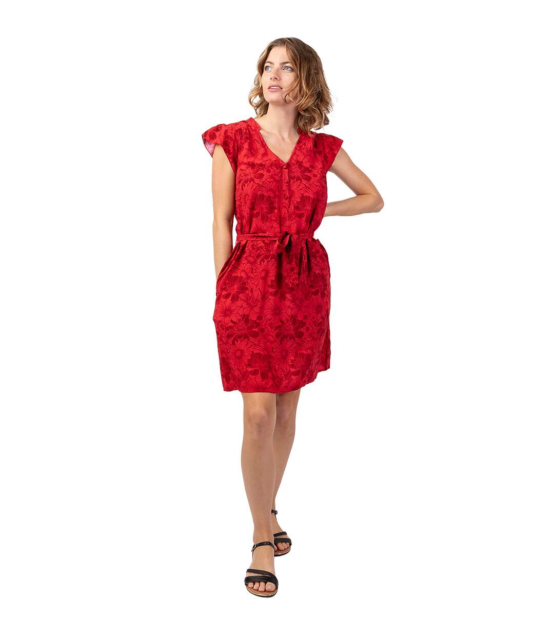 Robe femme casual chic Vera imprimé floral rouge Coton Du Monde