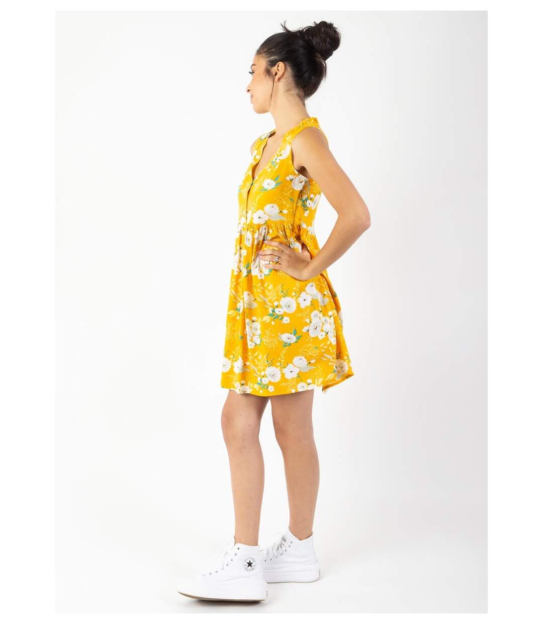 Robe courte babydoll ALEXA imprimé fleuri jaune Coton Du Monde