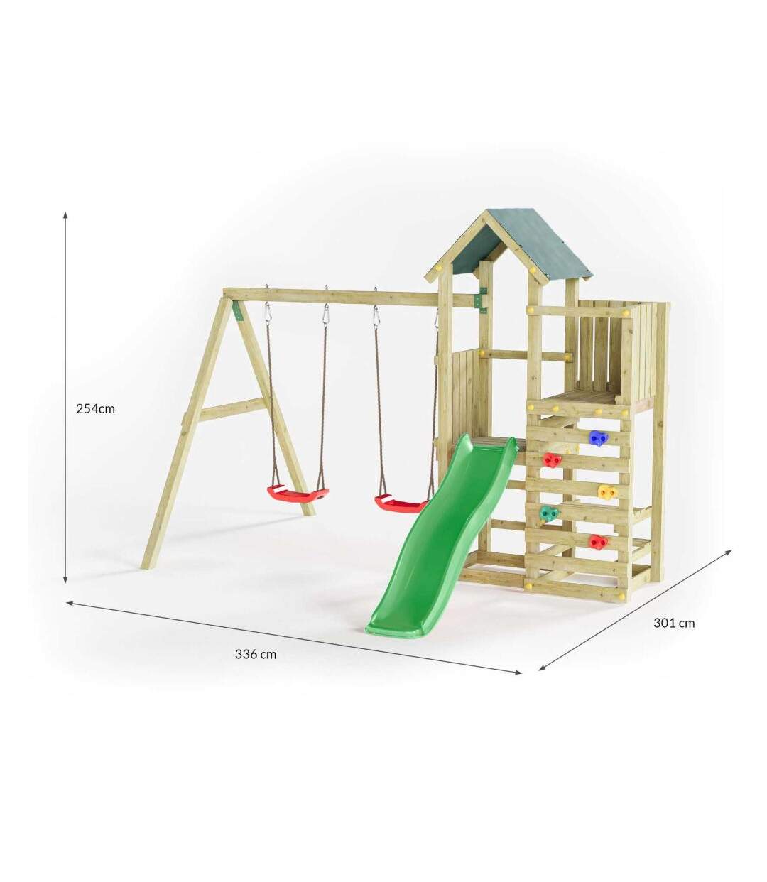 Structure de jeux en bois avec balançoires et toboggan Chester