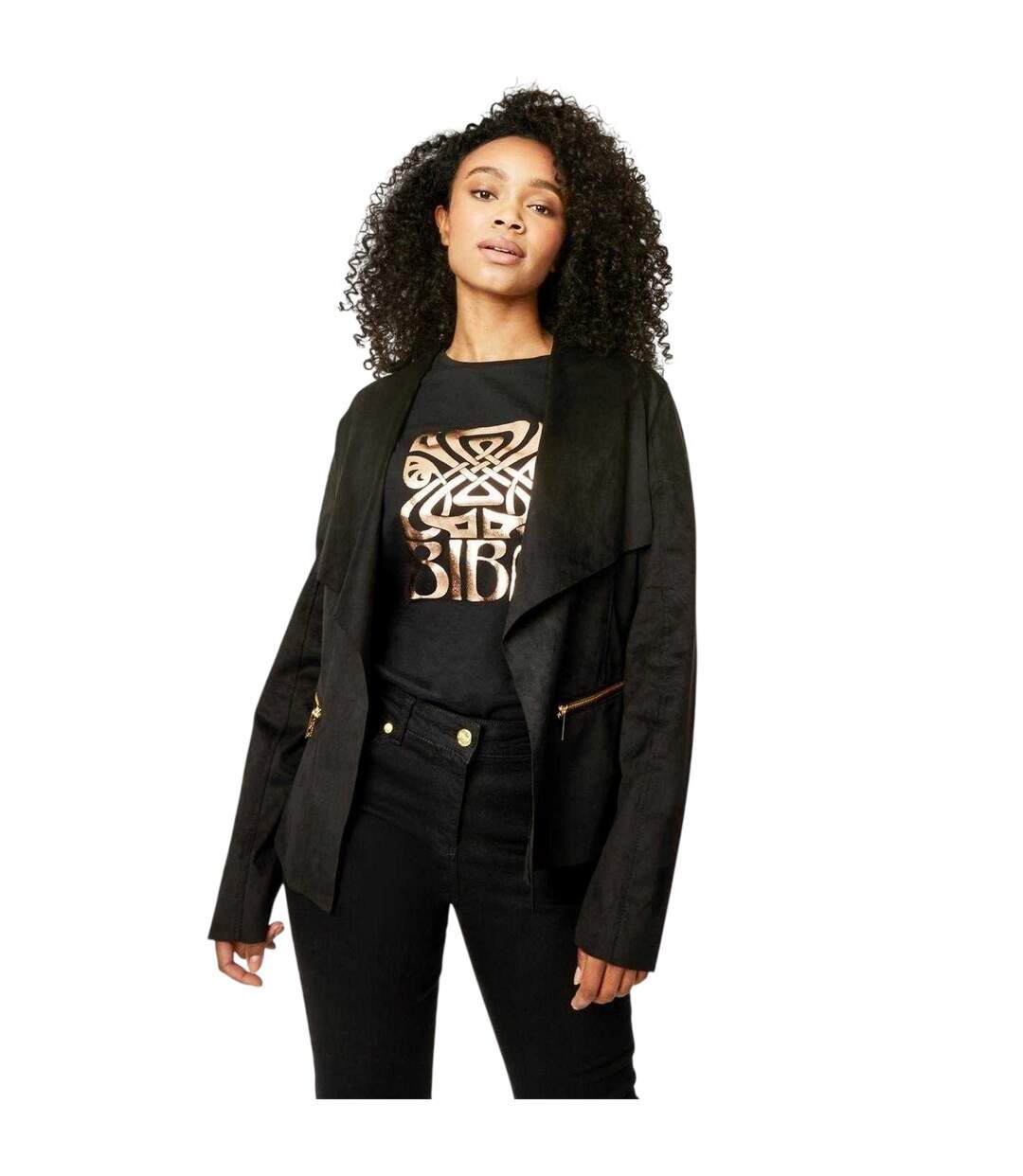 Womens/ladies Suedette Zipped Waterfall Jacket Black Biba-2