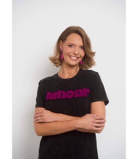 T-shirt col rond à message et effet used