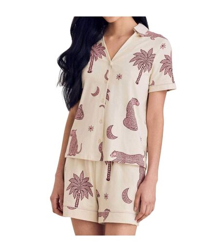 Womens/ladies Leopard Organic Cotton Pyjama Set Off White Chelsea Peers