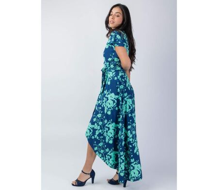 Robe longue viscose SAKURA imprimé marine et turquoise Coton Du Monde