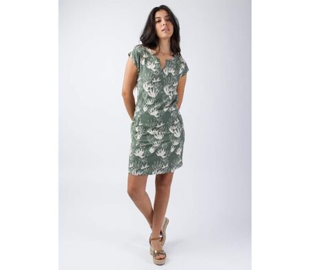 Robe courte en coton kaki  ERIKA imprimé fleur de lotus Coton Du Monde