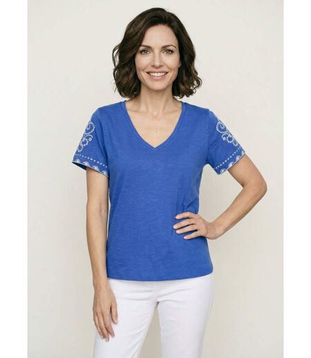 T-shirt brodé col V manches courtes