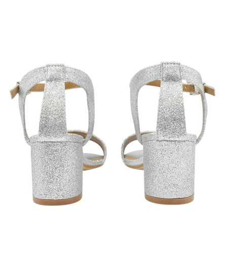 Womens/ladies Glitter Low Block Heel Sandals Silver Shiny Where's That From