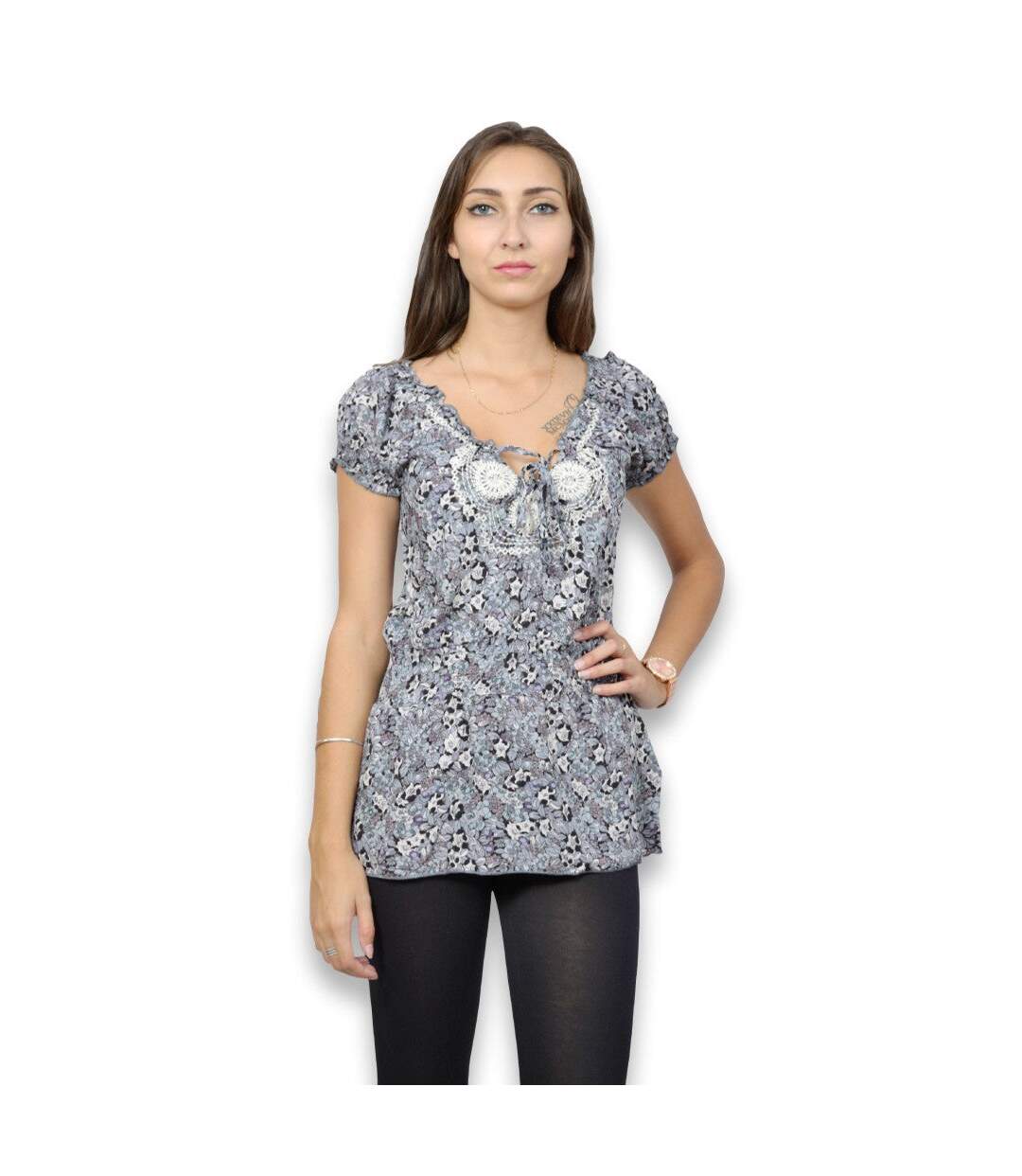 Blouse femme sans manche  motif imprimé sur fond gris col en V-1