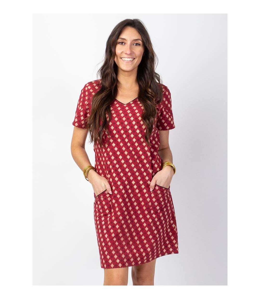 Robe manches courtes en coton CLAUDIA motifs ethniques bordeaux Coton Du Monde