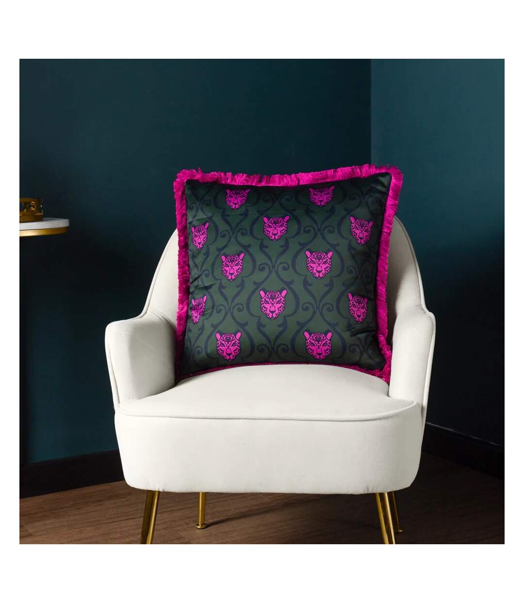 Lupita fringed cheetah cushion cover 50cm x 50cm emerald/pink Paoletti