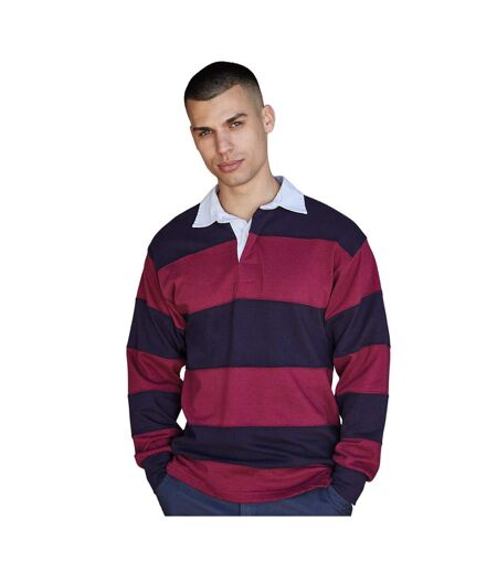 Mens Stripe Sewn Rugby Polo Shirt Burgundy Navy Front Row