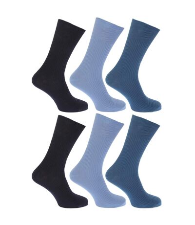 FLOSO - Chaussettes striées non élastiquées 100% coton (lot de 6 paires) - Homme (Nuances de bleu) - UTMB186