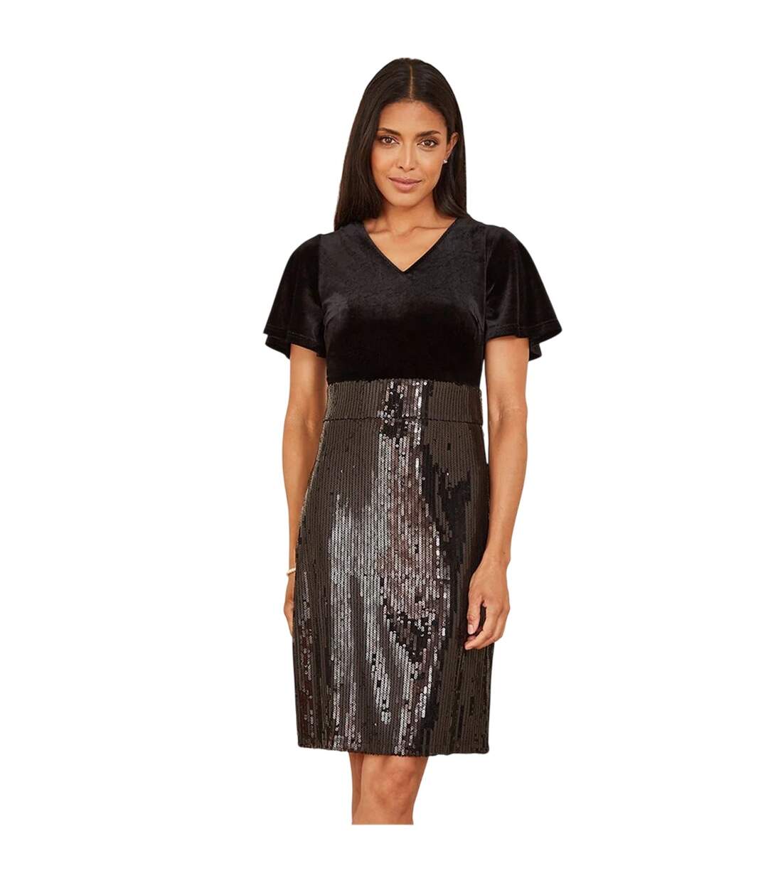 Womens/ladies Sequin Velvet Bodycon Dress Black Yumi-4