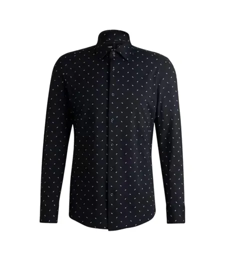 Mens Dotted Point Collar Long-sleeved Shirt Dark Blue Boss