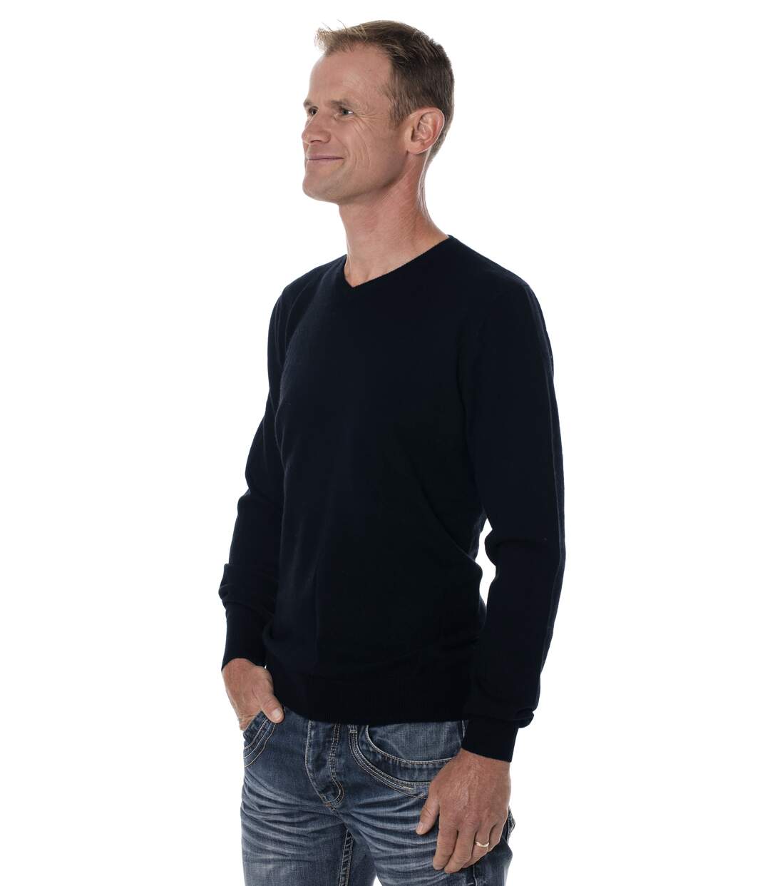 Pull mérinos homme 100% laine col V bleu marine-1