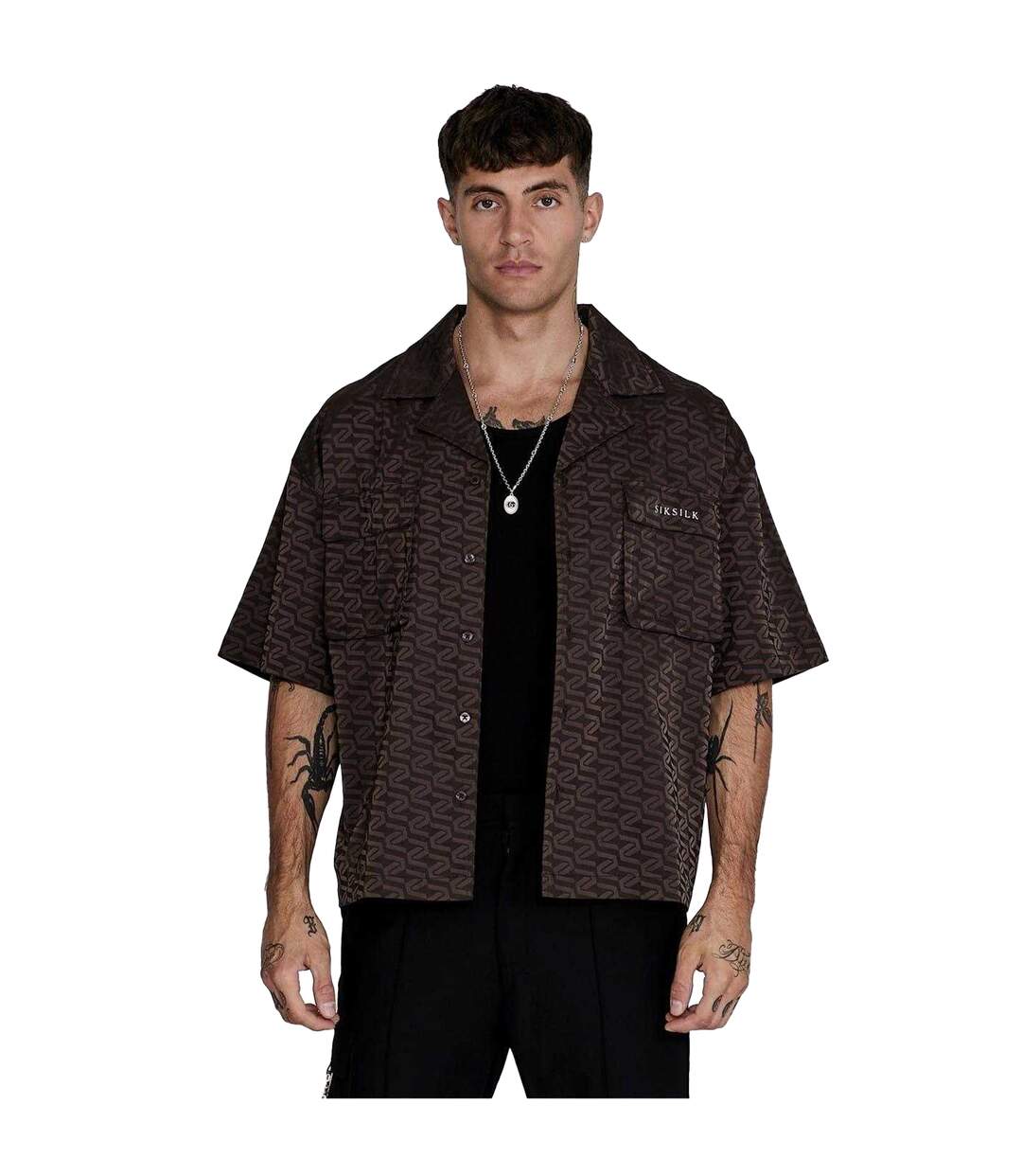 Chemise Manches Courtes Motif/style Géométrique Homme Marron SikSilk-2