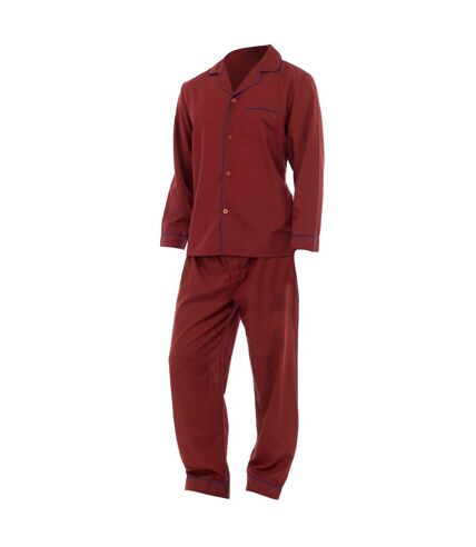 Mens Plain Long Sleeve Shirt & Trouser Bottoms Nightwear Pajama Set (Red)