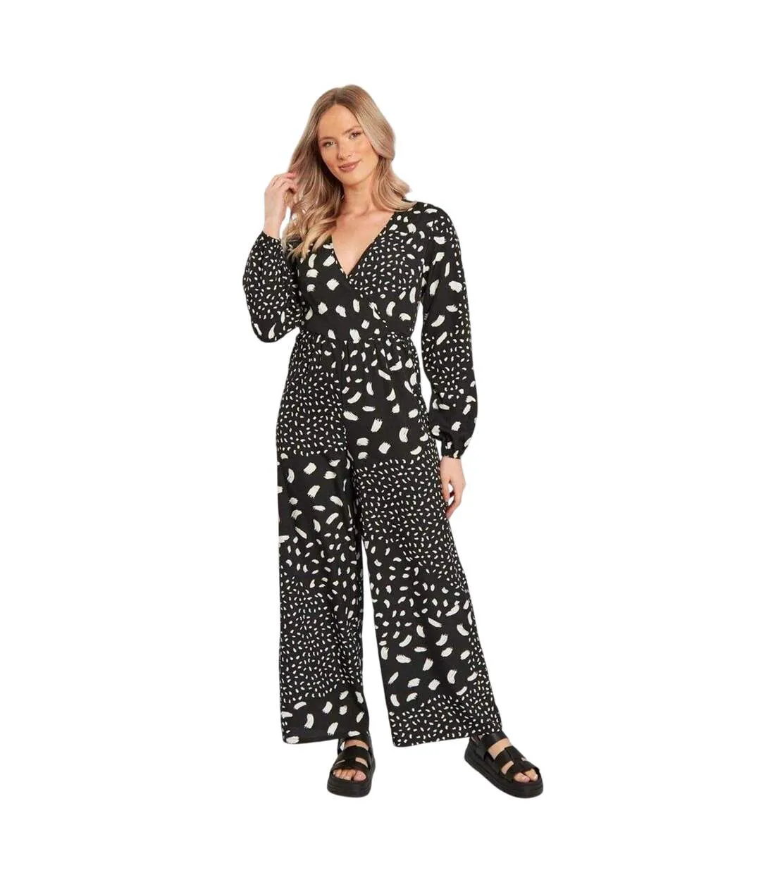 Womens/ladies Relaxed Fit Long-sleeved Jumpsuit Black White Influence-1