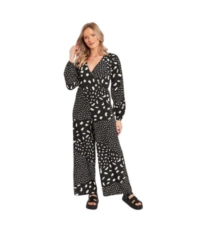 Womens/ladies Relaxed Fit Long-sleeved Jumpsuit Black White Influence