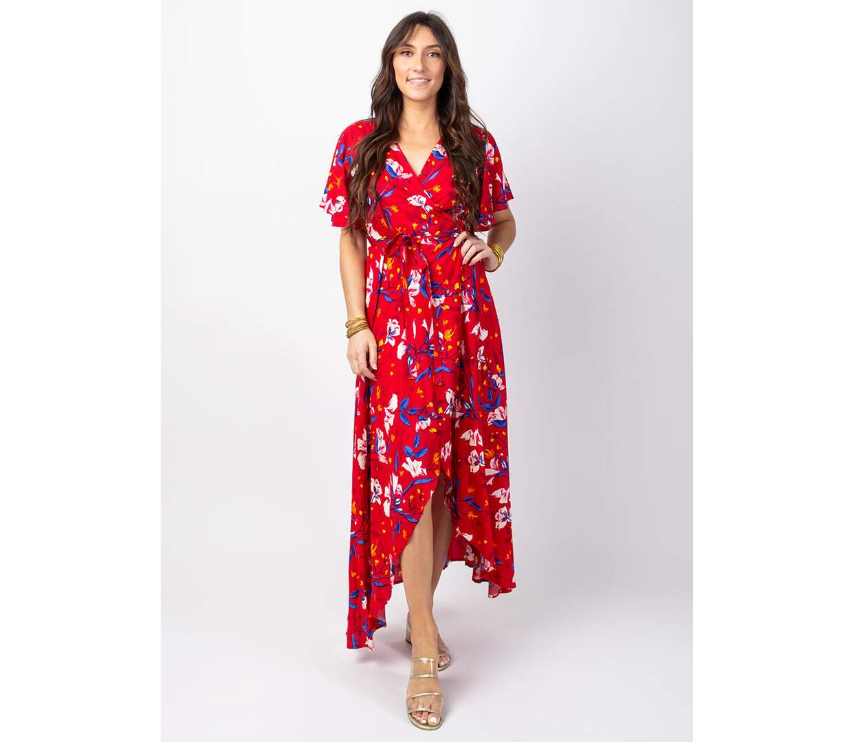 Robe longue SAKURA bohème imprimé fleuri rouge Coton Du Monde-2