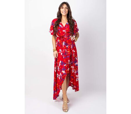 Robe longue SAKURA bohème imprimé fleuri rouge Coton Du Monde