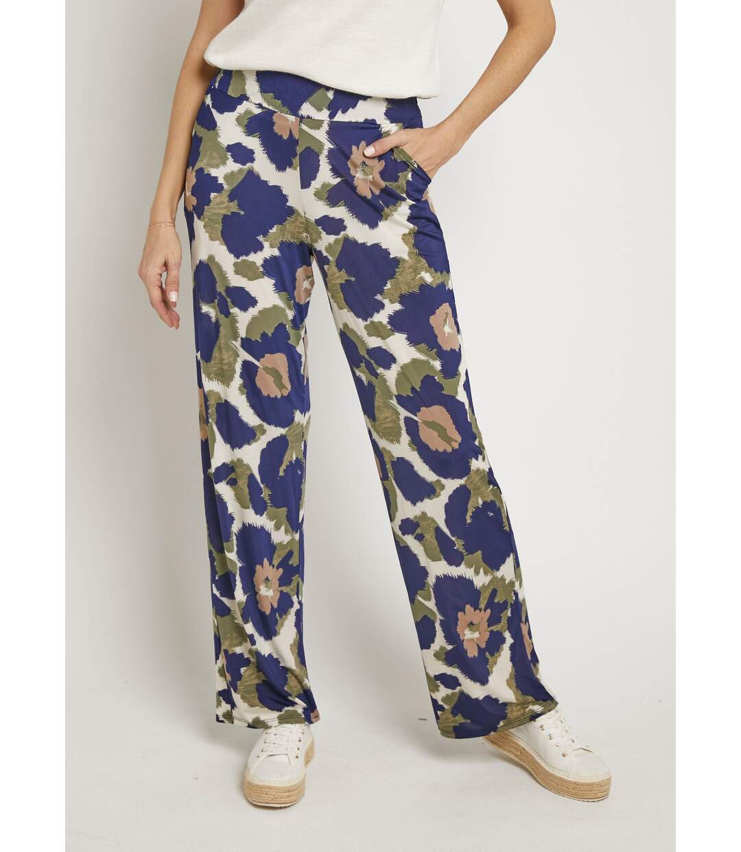 Pantalon fluide stretch, fleuri stylisé-1