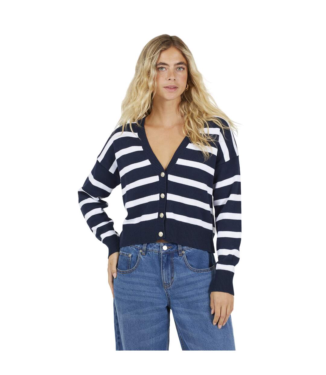 Womens/ladies Striped V Neck Cardigan Navy White Brave Soul-2