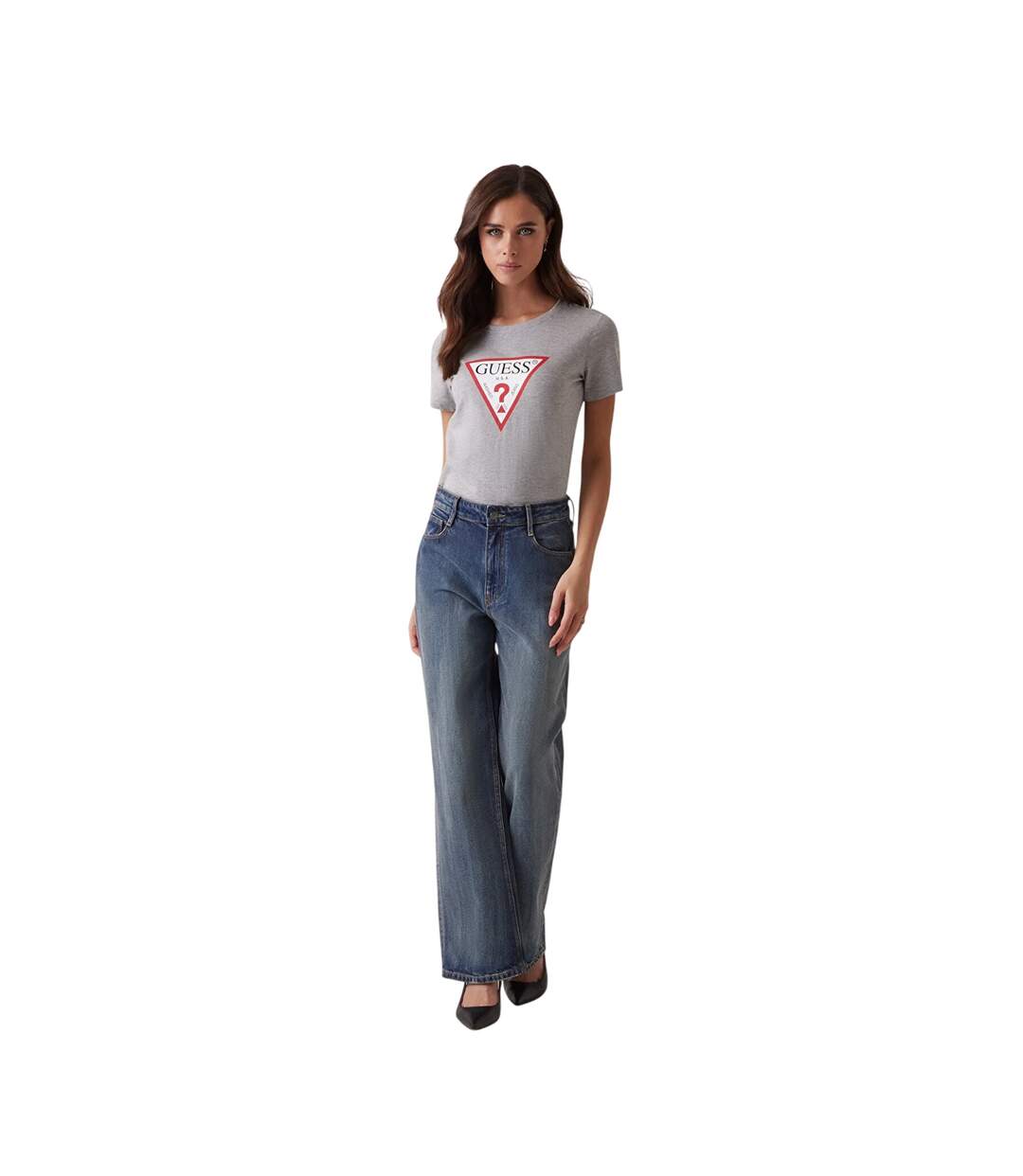 Womens/ladies Triangle Logo Cotton Blend Slim Short-sleeved T-shirt Light Melange Guess-1