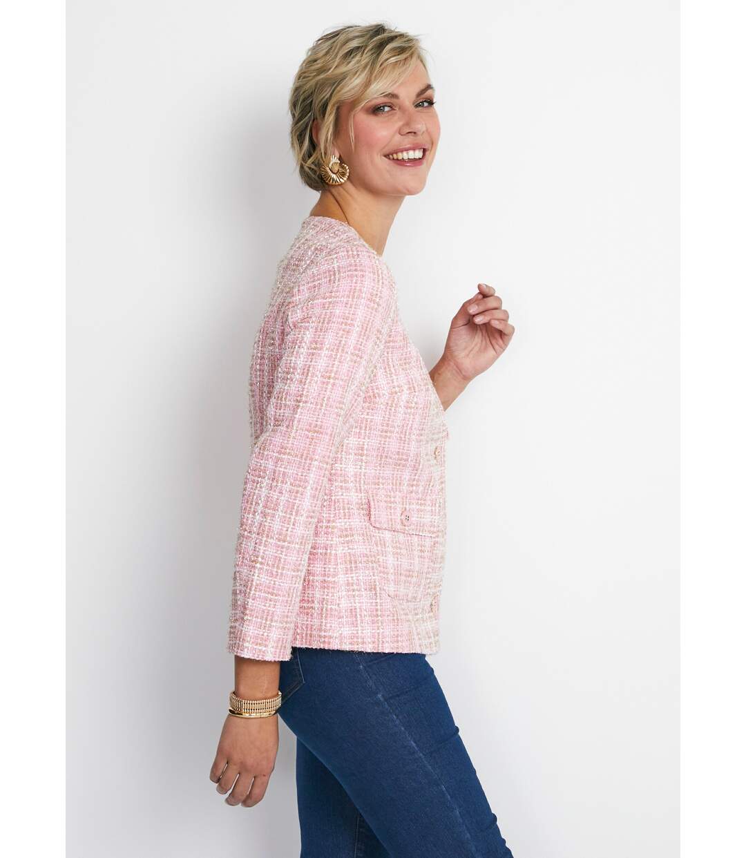 Veste courte sans col tissu effet tweed-3